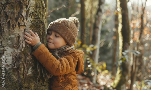 A young child in a warm jacket and knit hat tenderly hugs a tree in a sunlit forest, closing their eyes in a moment of peaceful connection.