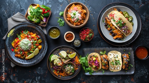 Assorted Mexican Dishes on a Dark Rustic Background, Traditional Cuisine Concept with Tacos, Salsa and Guacamole