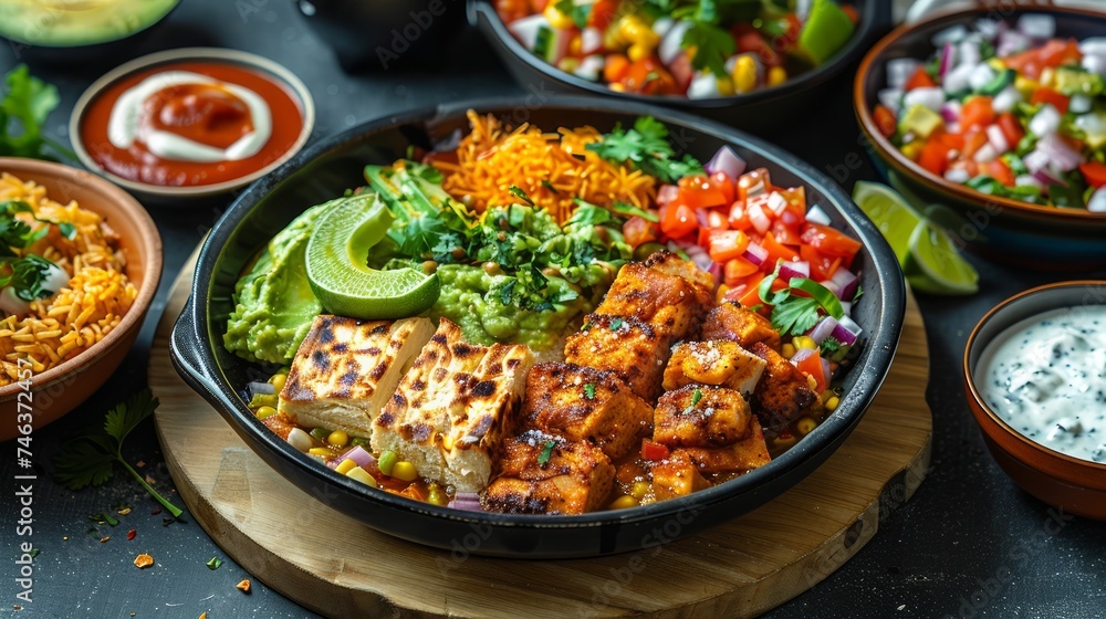 Colorful Mexican grilled chicken fajita bowl with rice, avocado, corn, black beans, and fresh salsa on dark table Colorful Mexican grilled chicken fajita bowl with rice, avocado, corn, black beans, and fresh salsa on dark table
