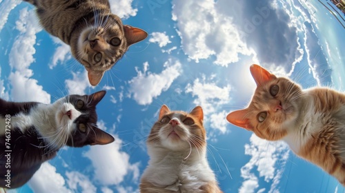 Bottom view of cats standing in a circle against the sky. An unusual look at animals. Animal looking at camera photo