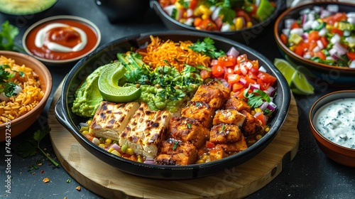 Colorful Mexican grilled chicken fajita bowl with rice, avocado, corn, black beans, and fresh salsa on dark table