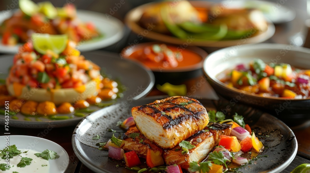 Delicious Assortment of Gourmet Dishes with Grilled Fish, Salsa, Tacos, and Sauces in a Stylish Restaurant Setting Delicious Assortment of Gourmet Dishes with Grilled Fish, Salsa, Tacos, and Sauces in a Stylish Restaurant Setting