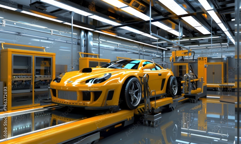 a high-tech sports car undergoing assembly in an advanced automotive factory. The vehicle is showcased in a modern manufacturing setting with specialized machinery and robotic equipment.