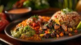 Delicious Traditional Mexican Fajita Plate with Grilled Meat, Rice, Beans, and Fresh Vegetables on Wooden Table with Salsa