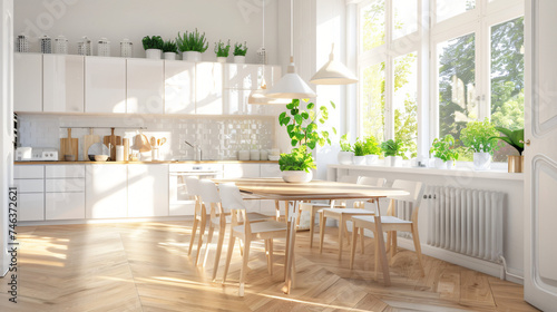 Modern bright kitchen interior with white furnit.