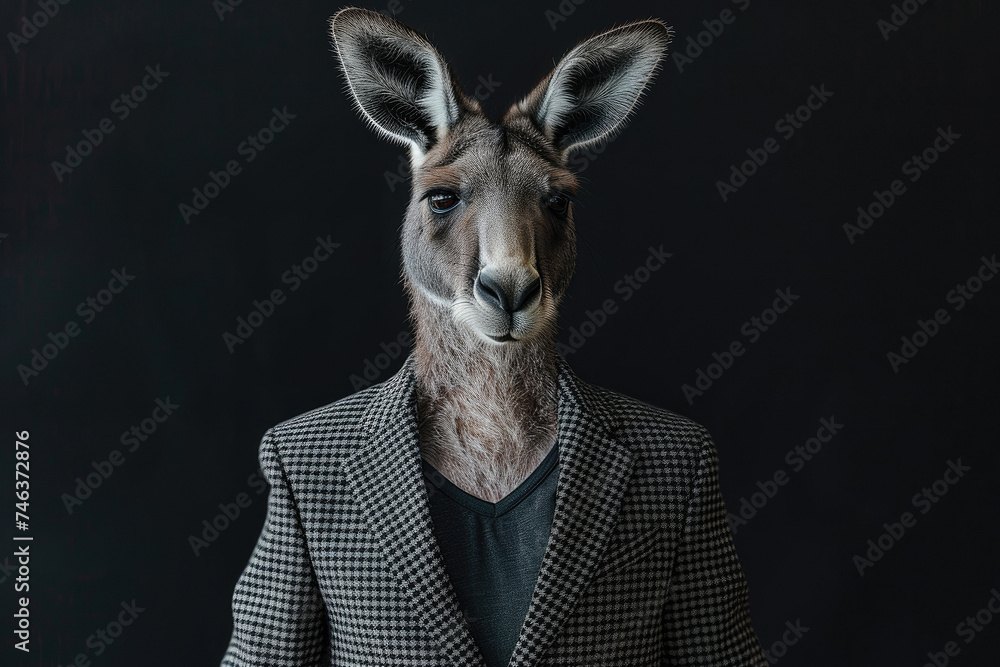 Stylish kangaroo in houndstooth blazer and casual t-shirt on black studio background