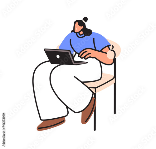 Surprised shocked business woman sitting with laptop computer on knees. Puzzled person in cahir, online freelance worker worrying about work. Flat vector illustration isolated on white background
