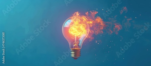 3d rendering of a light bulb exploding with flames isolated on a blue background. AI generated image
