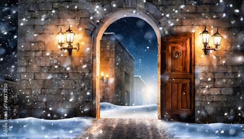 Dreamlike view of medieval street with opened castle gate nearby a closed wooden door at a snowy night 