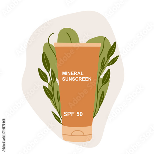 Sunscreen on the ground of tropical leaves. Tube= with inscription SPF50. Skincear, UV protection. Vector illustration in flat style.