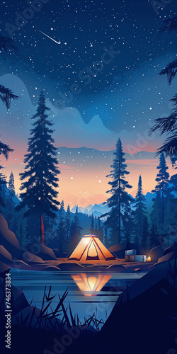 Camping tent campfire illustration background  camping adventure outdoor park lake nature landscape illustration