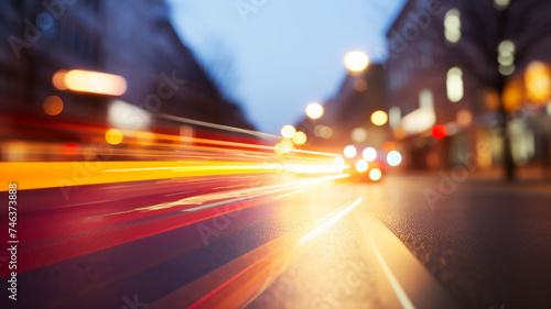 blurred background traffic on a night road, abstract tracks of headlights, translucent golden rays of light on a city street background, nightlife