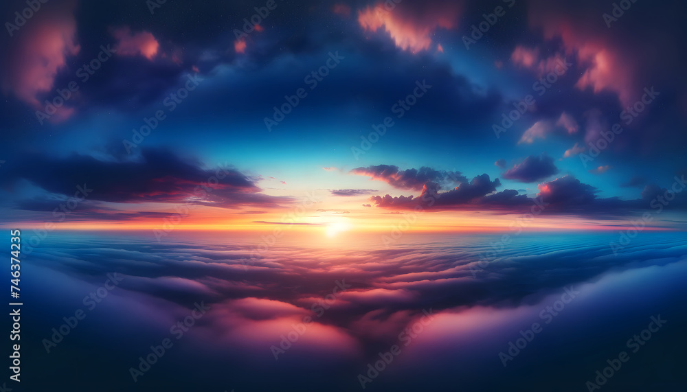 sunset horizon where the sun meets the sea of clouds, with a crescent moon and stars visible in the twilight sky