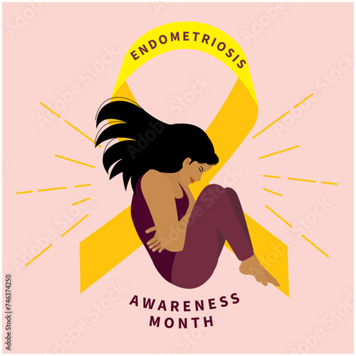 woman suffer pain on endometriosis in front of yellow ribbon