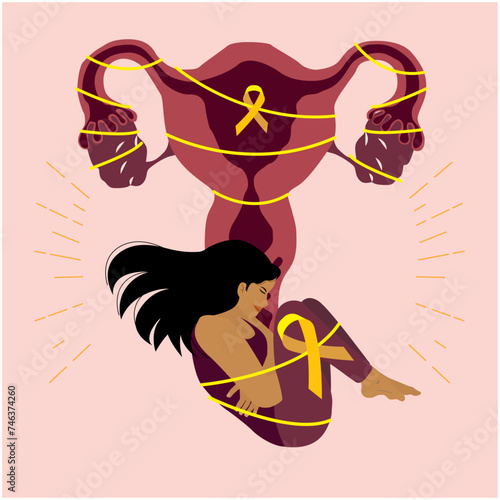 Uterus and woman in pain from endometriosis ribbon