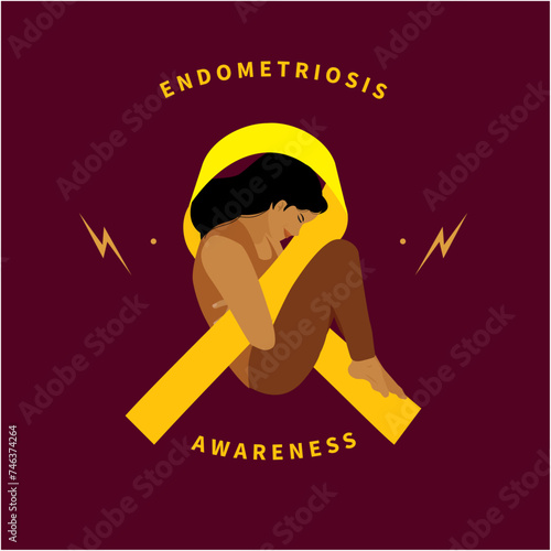 Woman entangled with yellow endometriosis ribbon