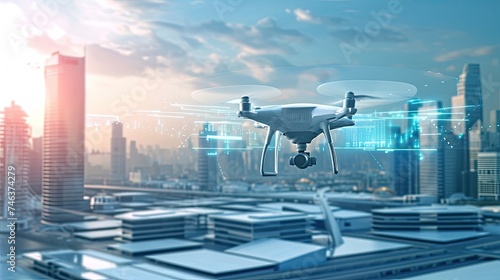 Drone flies over the city in cyberpunk style icon. Antidesign, roofs of houses, propellers, quadcopter, camera, flight, fog, skyscrapers, technology, gadget, video shooting, footage. Generated by AI © Anastasia
