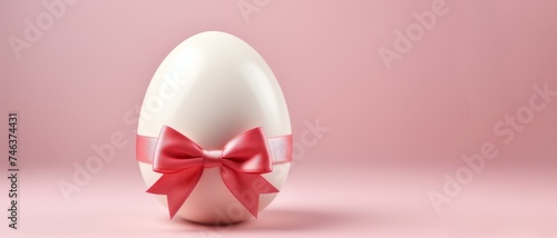 Easter egg with a bow on a light pink background