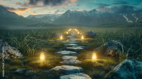 Road made of stones on a green grass meadow creating a path, leading to far mountains and valleys, glowing lamps all along the path, path to success concept. © Rabia Fatima