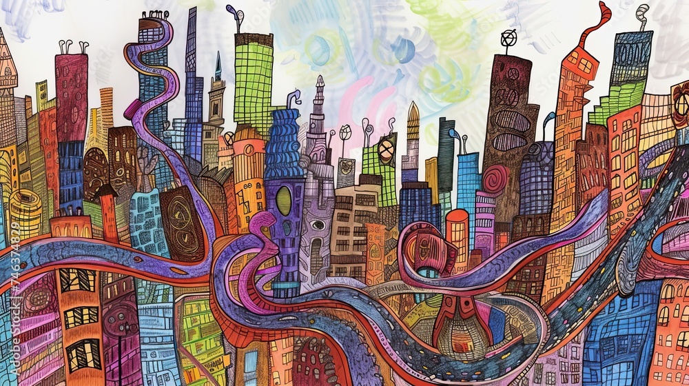 Abstract doodle cityscape icon. Playful, imaginative, urban, fantasy, doodle art, skyline, architecture, creative, quirky. Generated by AI Abstract doodle cityscape icon. Playful, imaginative, urban, fantasy, doodle art, skyline, architecture, creative, quirky. Generated by AI