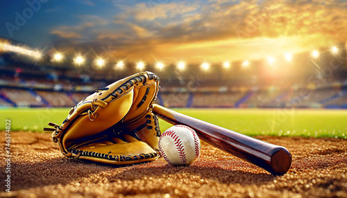 Close-up of a leather baseball glove, baseball ball and wooden baseball bat on a baseball field with blurred stadium in the background. Generative Ai. photo