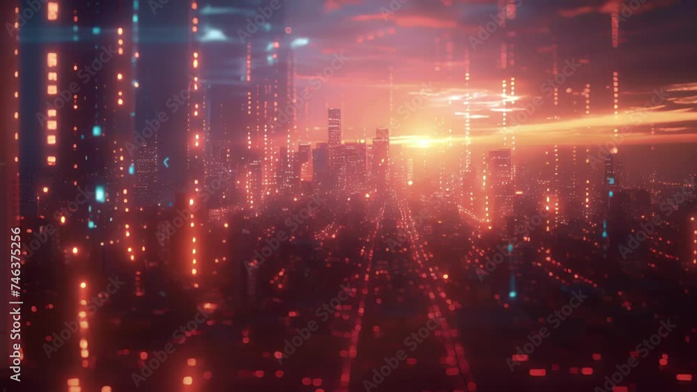 Bright neon lights illuminate a darkened cityscape with a grid of numbers and symbols projected onto its skysers. The grid morphs and shifts representing the dynamic nature Bright neon lights illuminate a darkened cityscape with a grid of numbers and symbols projected onto its skysers. The grid morphs and shifts representing the dynamic nature