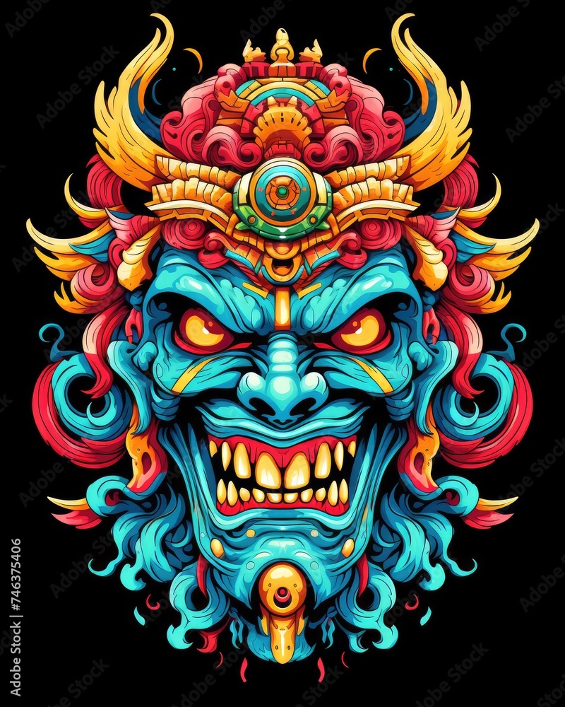 Naklejka premium Ethnic mask of evil head in traditional ethnic oriental style.