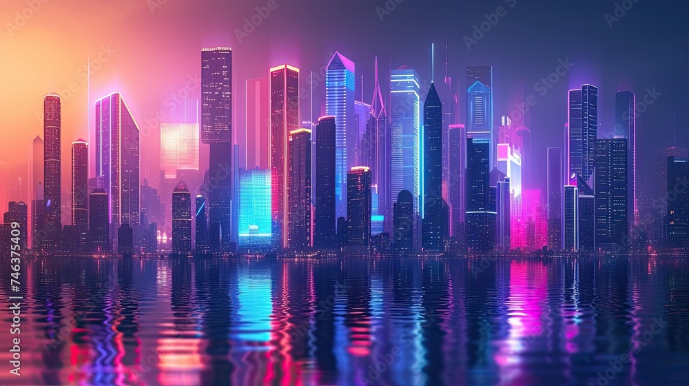Abstract futuristic metropolis icon. Urban, modern, cityscape, skyline, night, lights, neon, skyscrapers, buildings. Generated by AI