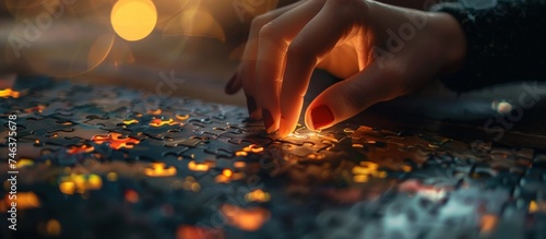 Closeup hand put jigsaw puzzle for business problem solving concept. AI generated image