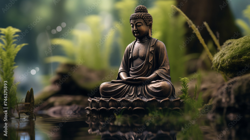 Serene Buddha statue meditating in a tranquil forest setting.