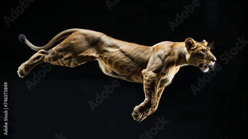 Lion jump on a black background. Flying animal.