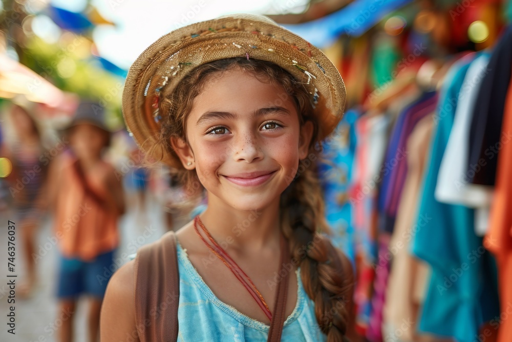 Young Girl Wearing Straw Hat and Smiling