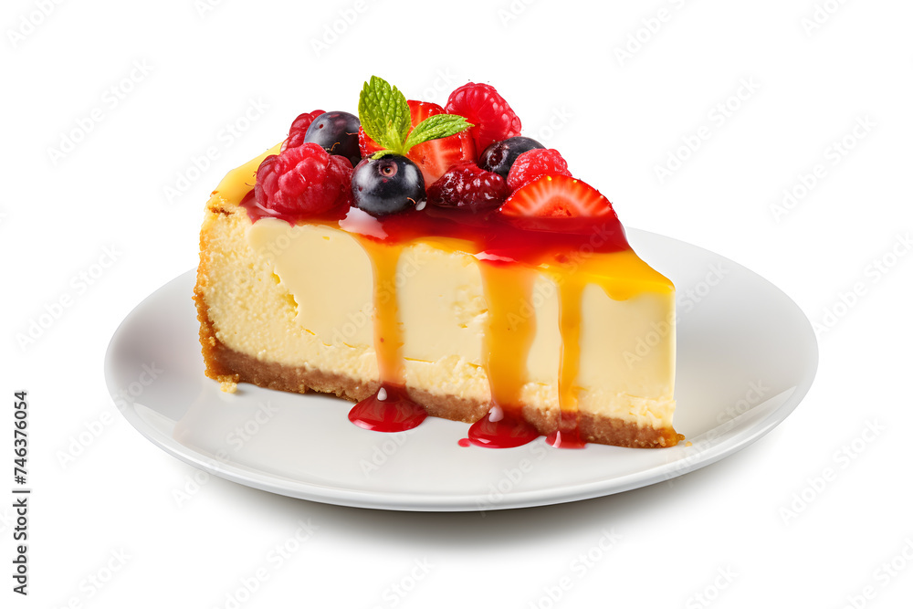 Piece of cheesecake with berries and mint isolated on white background Piece of cheesecake with berries and mint isolated on white background