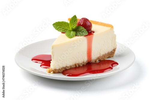 Piece of cheesecake with berries and mint isolated on white background