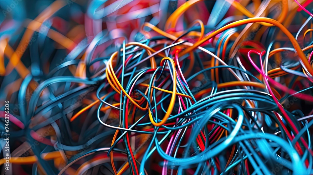 Abstract tangled wires and cables. Messy, disorganized, electronic, technology, frustration, complexity, confusion, disorder. Generated by AI. Abstract tangled wires and cables. Messy, disorganized, electronic, technology, frustration, complexity, confusion, disorder. Generated by AI.