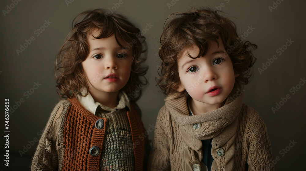 Two adorable curly-haired toddlers in cozy sweaters gazing curiously. Two adorable curly-haired toddlers in cozy sweaters gazing curiously.