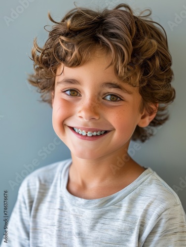 Young Boy With Curly Hair Smiles at Camera