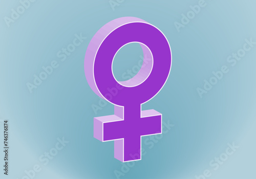 Símbolo de mujer en 3D en morado y violeta sobre fondo verde agua degradado. Icono del género femenino en morado y violeta
