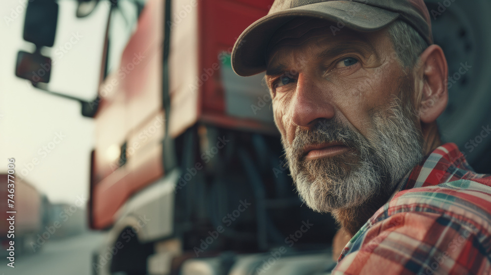 A rugged truck driver leans against his red semi, reflecting on the road.