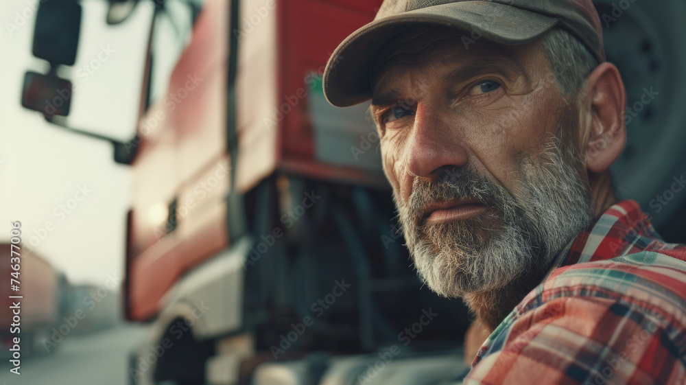 A rugged truck driver leans against his red semi, reflecting on the road. A rugged truck driver leans against his red semi, reflecting on the road.