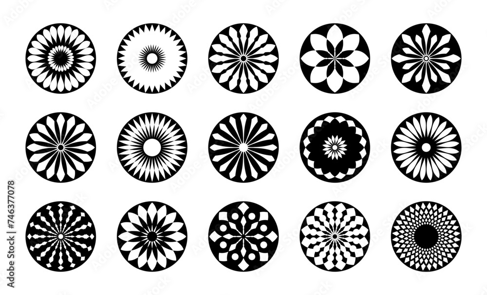 Abstract Flowers Icons. Circle Radial Design Elements. Abstract Flowers Icons. Circle Radial Design Elements.