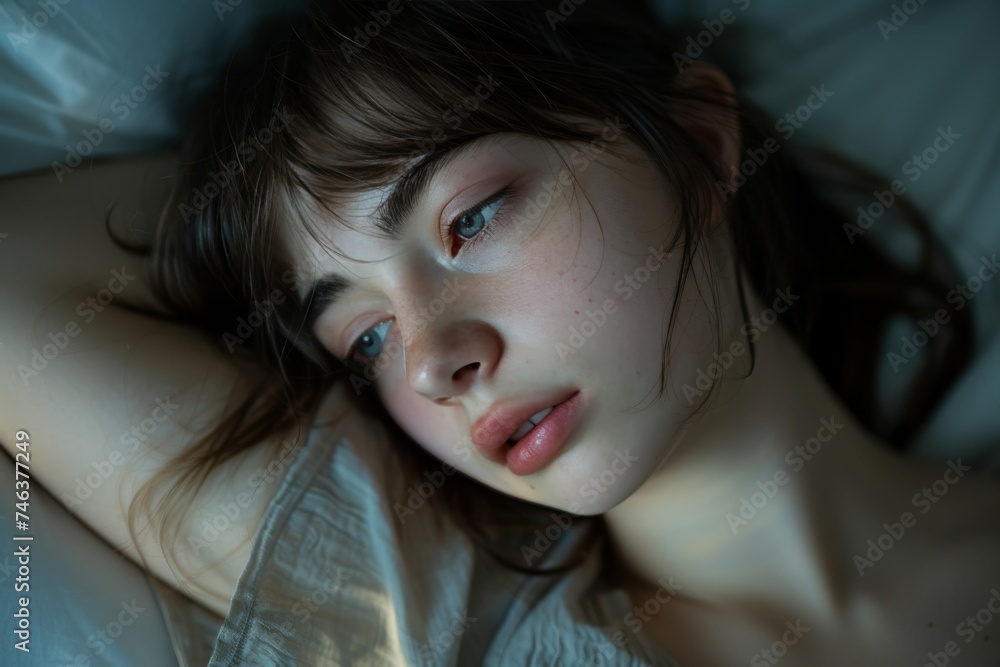 Woman Laying in Bed With Eyes Closed Woman Laying in Bed With Eyes Closed