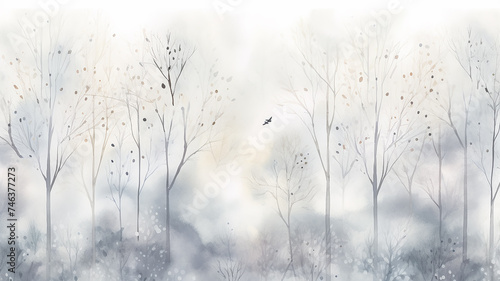 white watercolor snowfall in the forest, winter abstract background illustration with copy space, greeting card form