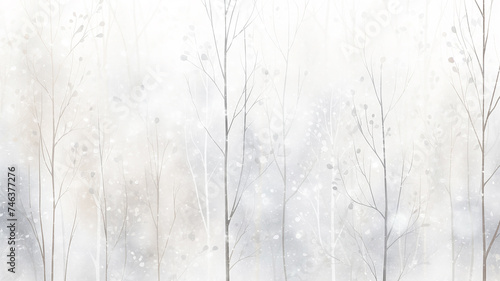 winter, light white background snowfall in the forest with a copy space, trees covered with snowflakes, flat graphics, empty blank greeting card, watercolor design