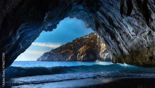 Beautiful seascape with blue sea and big wave in the cave