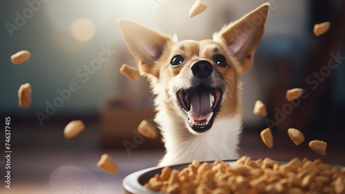 cute happy dog enjoys dry food, cheerful dog photo