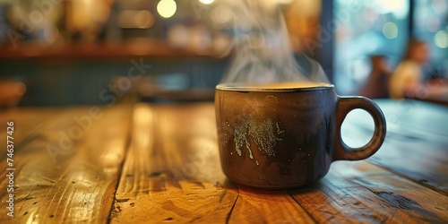 Espresso mug in coffee shop with steam, in the style of light black and dark beige, design photo taken with highly detailed, close up.