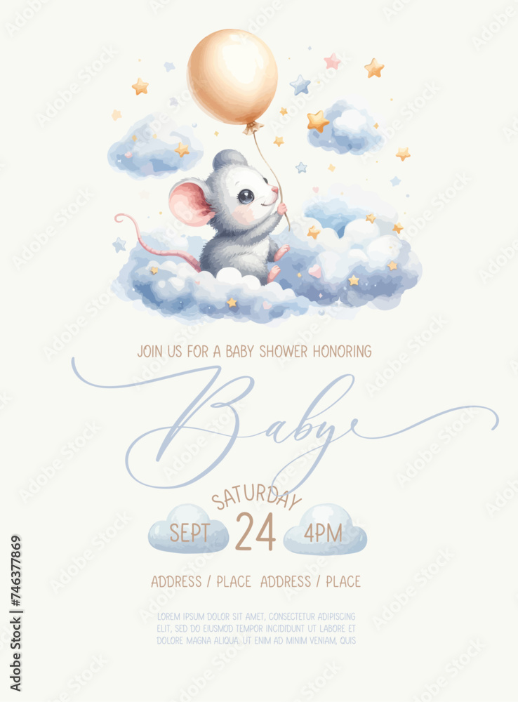 Cute baby shower watercolor invitation card with little mouse on clouds.