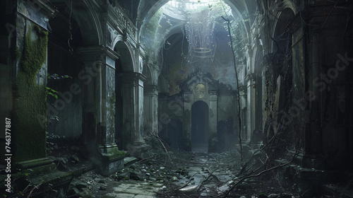 Mystical interior ruins of an abandoned.