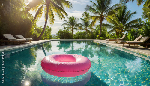 Swimming pool with inflatable ring and palm trees in the background